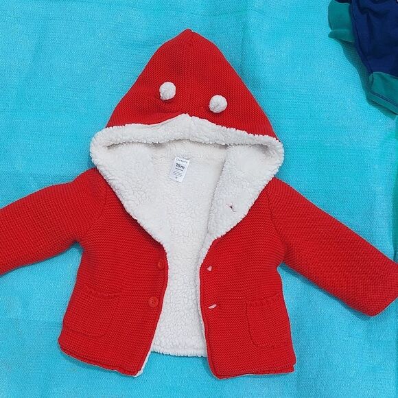 Carter's Other - Carters Boys 18M Red Knitted Cotton Sweater Coat Faux Sherpa Lined